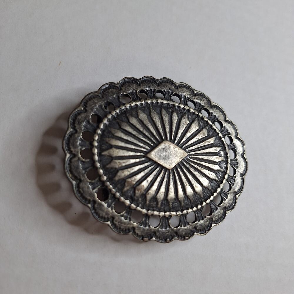 Vintage Western Concho Belt Buckle Scalloped Cutout Oval Starburst Brass Silver